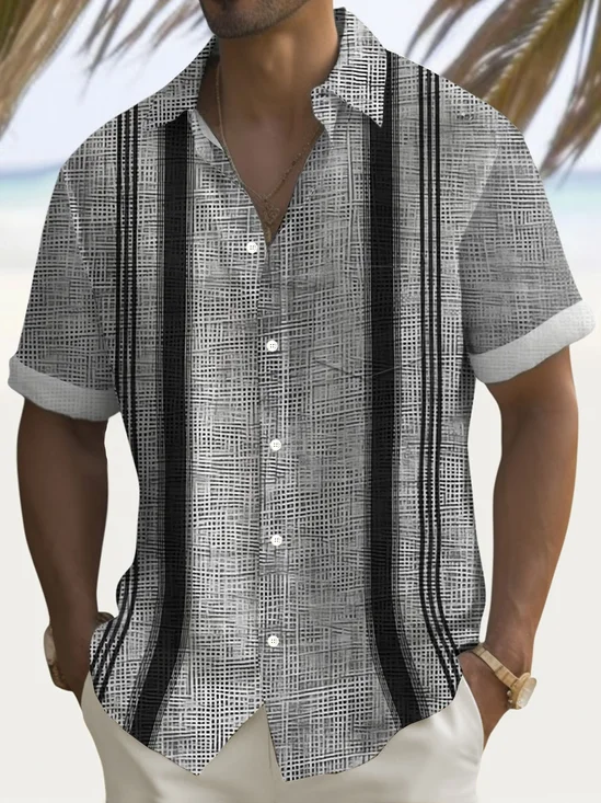 Royaura® Retro Bowling Texture Stripe 3D Print Men's Button Pocket Short Sleeve Shirt