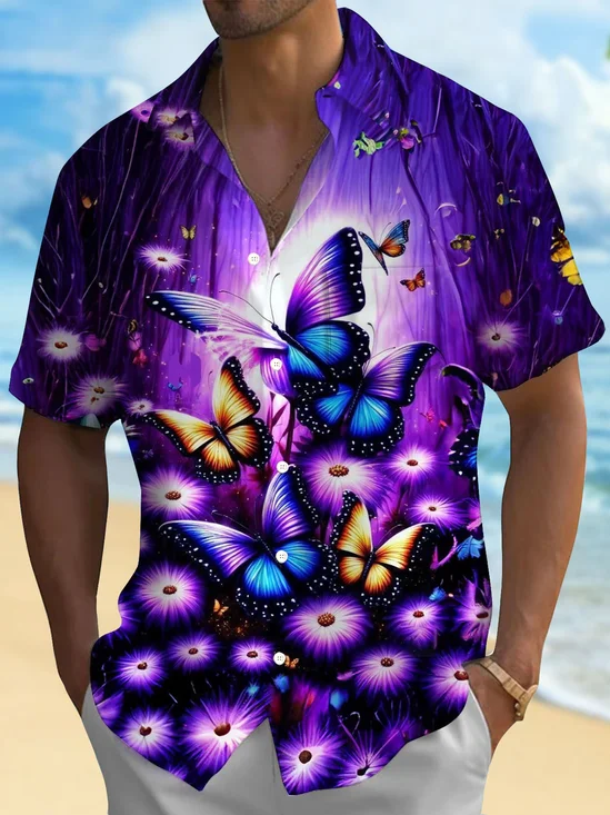 Royaura® Hawaiian Butterfly Gradient 3D Print Men's Button Pocket Short Sleeve Shirt