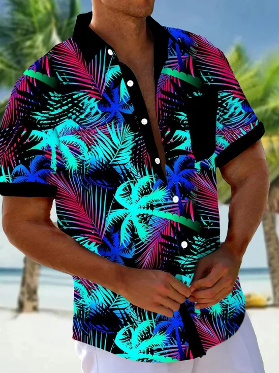 Royaura® Hawaiian Coconut Tree Gradient 3D Print Men's Button Pocket Short Sleeve Shirt