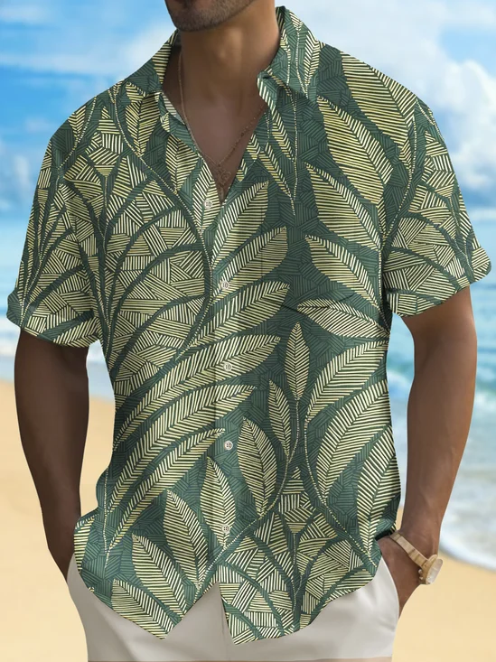 Royaura® Beach Vacation Men's Hawaiian Shirt Plant Leaf Texture Print Pocket Camping Shirt Big Tall