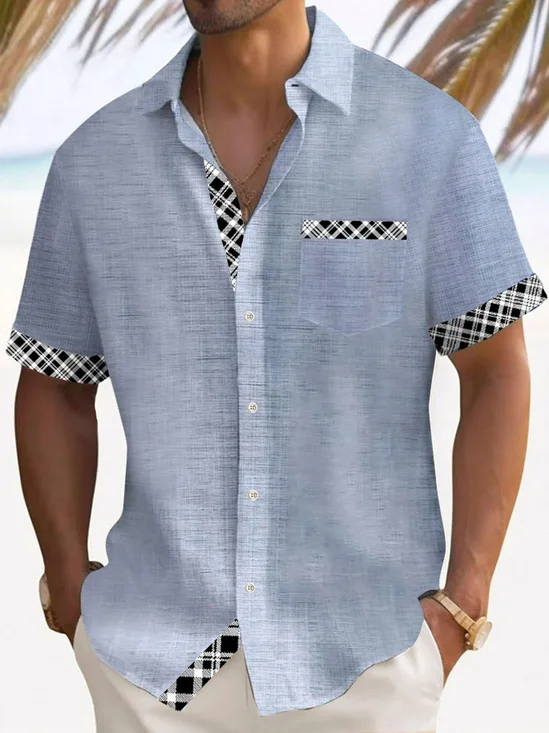 Royaura® Vintage Check Textured Print Men's Button Pocket Short Sleeve Shirt
