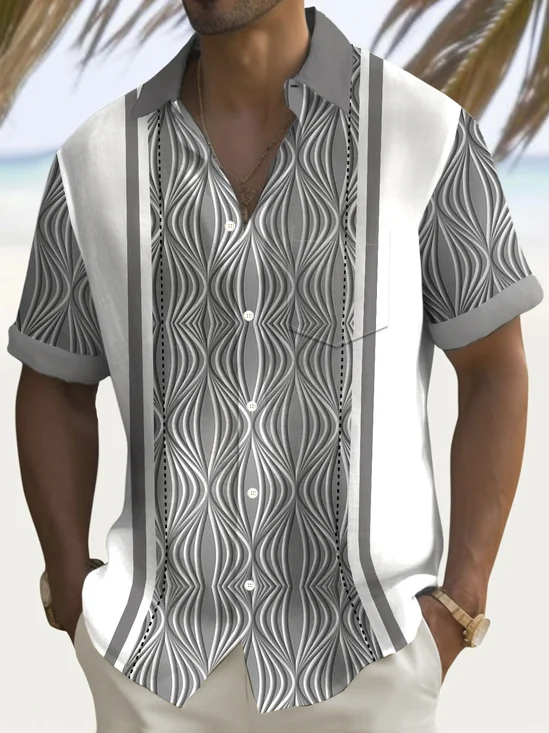Royaura® Retro Geometric Art Abstract 3D Print Men's Button Pocket Short Sleeve Shir