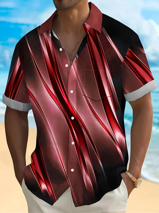 Royaura® Retro Geometric Gradient 3D Print Men's Button Pocket Short Sleeve Shirt