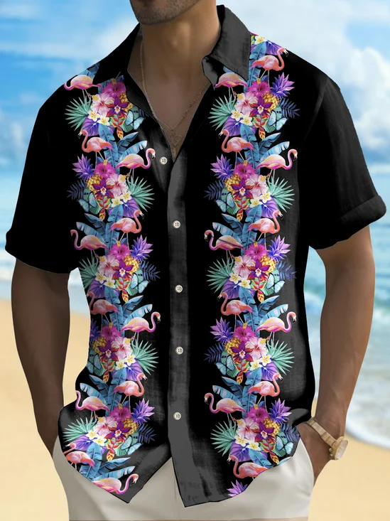 Royaura® Vintage Bowling Botanical Floral Flamingo Print Chest Pocket Shirt Plus Size Men's Shirt Big Tall