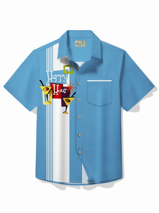 Royaura® Vintage Bowling Geometric Cocktail Print Chest Pocket Shirt Plus Size Men's Shirt Big Tall