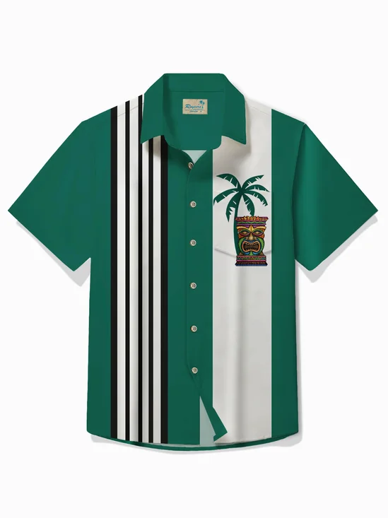 Royaura® Retro Tiki Coconut Bowling Print Men's Button Pocket Short Sleeve Shirt