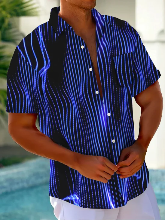 Royaura® Retro Abstract Gradient Stripe Print Men's Button Pocket Short Sleeve Shirt