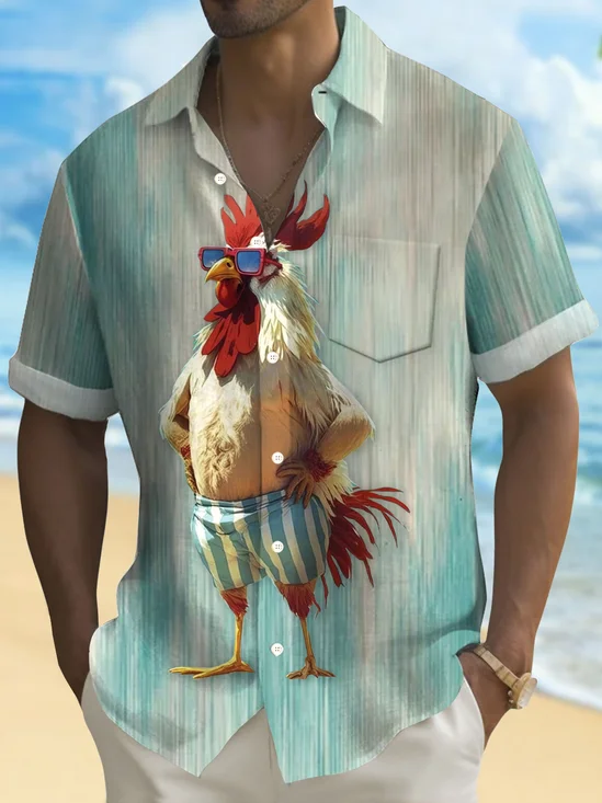 Royaura® Vintage Rooster Gradient Texture 3D Print Men's Button Pocket Short Sleeve Shirt