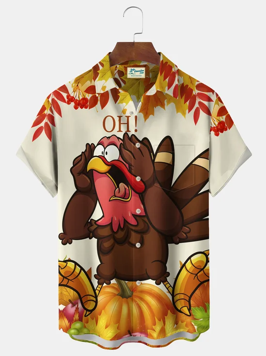 Royaura® Thanksgiving Turkey Cartoon Print Chest Pocket Stretch Shirt Big Tall