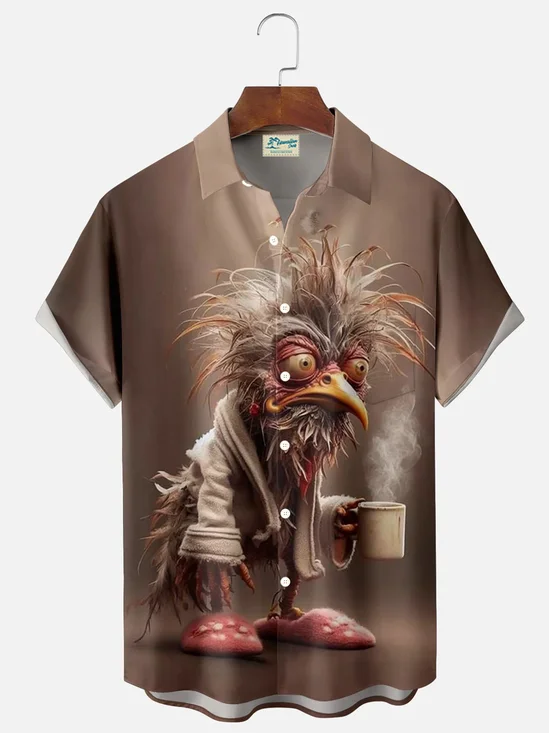 Royaura® Retro Fun Chicken Coffee 3D Digital Printing Men's Button Pocket Short Sleeve Aloha Shirt Big & Tall
