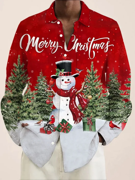Royaura® Christmas Snowman Print Men's Button Pocket Long Sleeve Shirt Big & Tall
