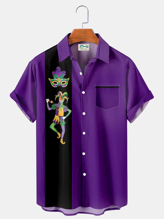Royaura® Mardi Gras Mask Vintage Bowling Contrast Color Men's Button Pocket Short Sleeve Shirt Big & Tall