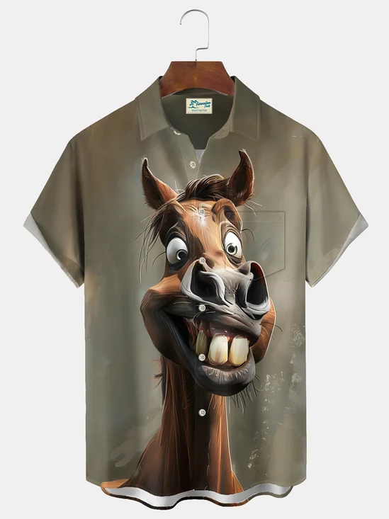 Royaura® Beach Resort Men's Hawaiian Shirt Horse Print Pocket Camping Shirt Big Tall