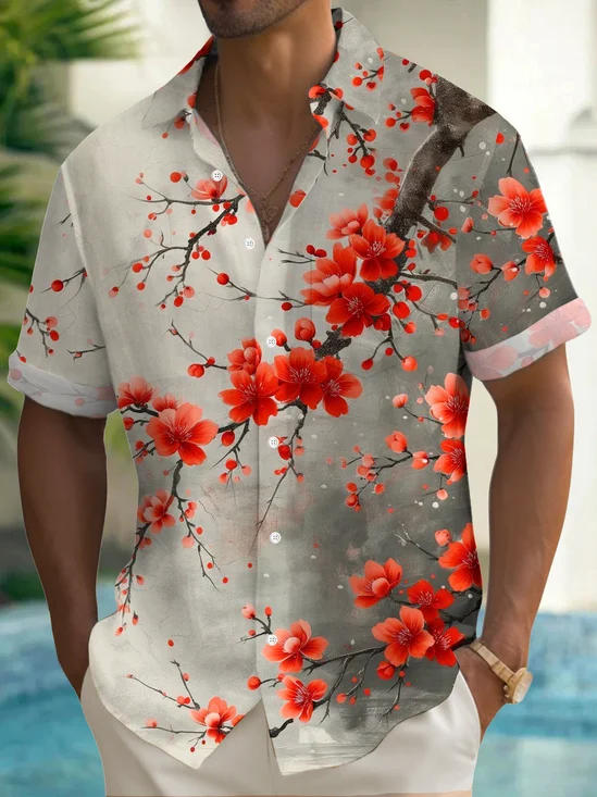 Royaura® Hawaiian Red Floral Print Men's Hawaiian Shirt Pocket Camp Shirt Big Tall