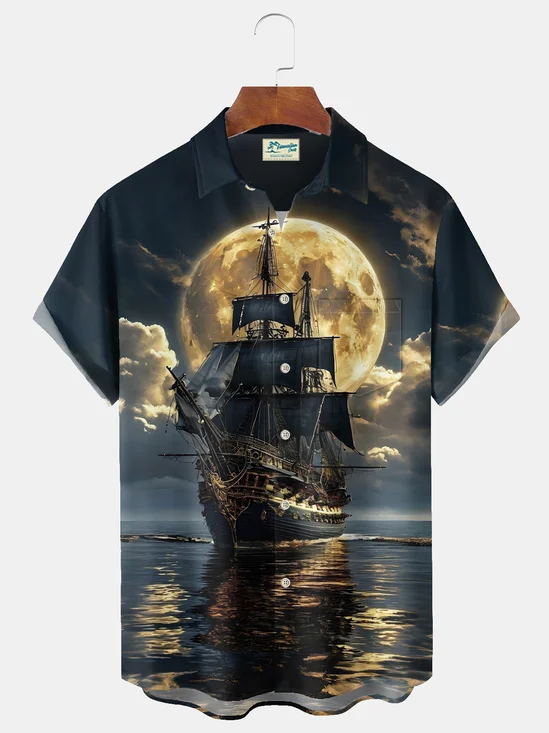 Royaura® Beach Resort Men's Hawaiian Shirt Nautical Sailing Ship Print Pocket Camping Shirt Big Tall