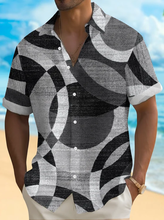 Royaura® Vinatge Geometric Print Men's Lapel Button Pocket Short Sleeve Shirt Big & Tall