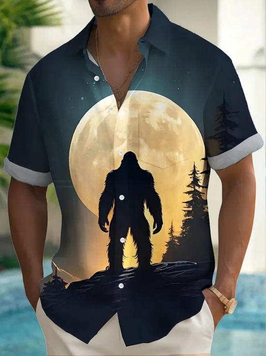 Royaura® Vintage Bigfoot Full Moon Printed Men's Button Pocket Short Sleeve Shirt Big & Tall