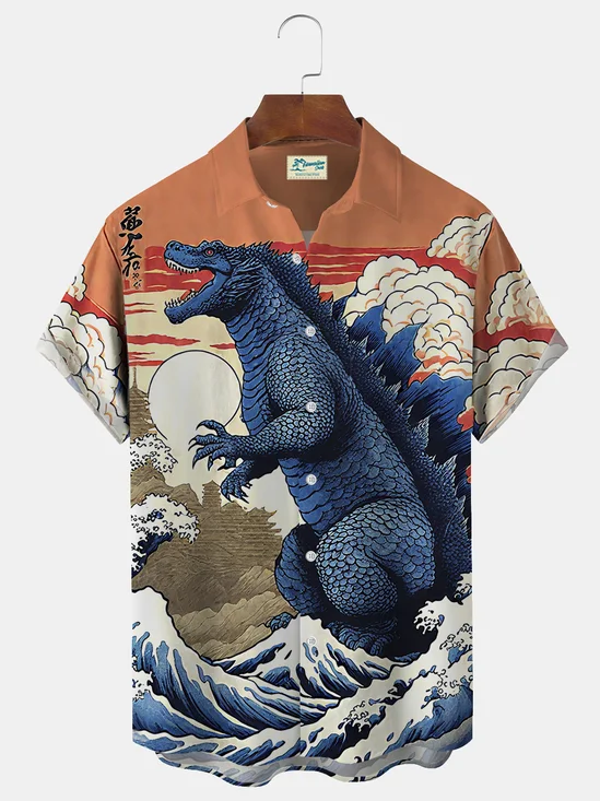 Royaura® Retro Japanese Ukiyoe Godzilla War Printed Men's Button Pocket Short Sleeve Shirt Big & Tall