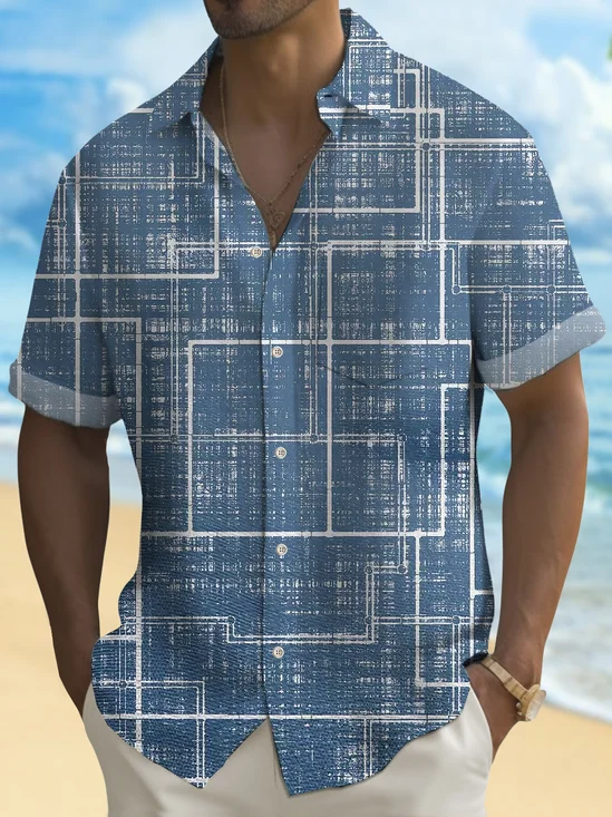 Royaura® Retro Geometric Line Print Men's Button Pocket Short Sleeve Shirt Big & Tall
