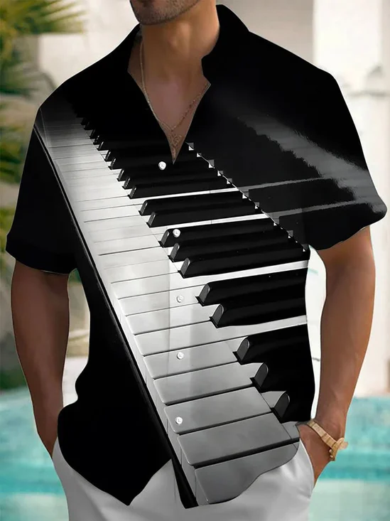 Royaura® Vintage Music Piano Art Print Men's Button Pocket Hawaiian Short Sleeve Shirt Big Tall