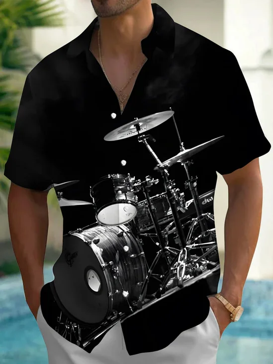 Royaura® Retro Music Instruments Print Men's Button Pocket Short Sleeve Shirt Big & Tall