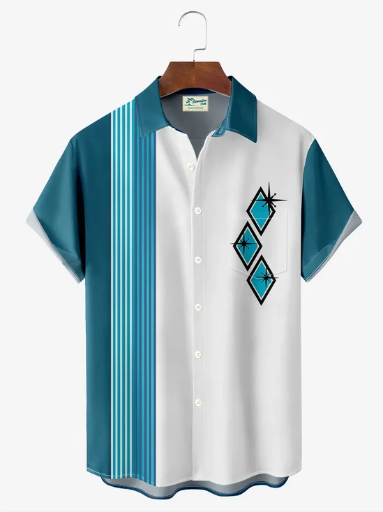 Royaura® Retro Bowling Geometric Stripe Print Men's Button Pocket Short Sleeve Shirt Big & Tall