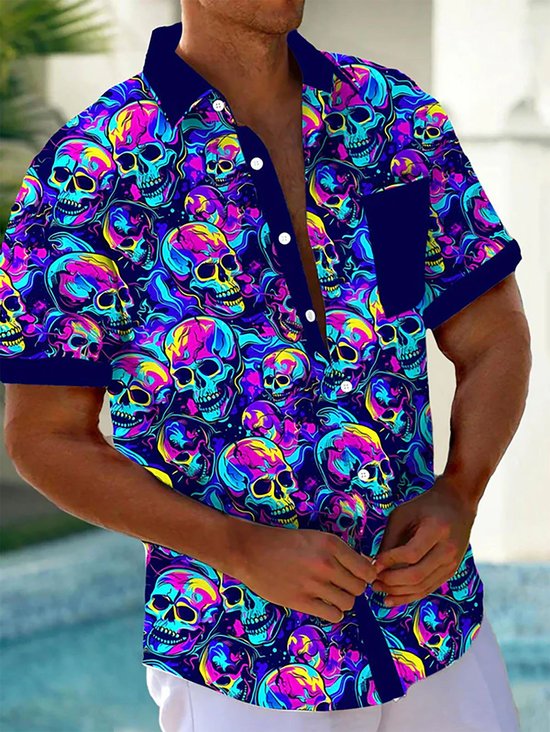 Royaura® Halloween Colorful Skull Print Men's Button Pocket Short Sleeve Shirt Big & Tall