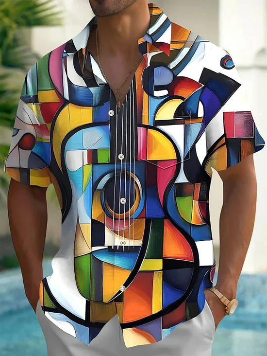 Royaura® Vintage Music Color Block Instrument Print Men's Button Pocket Short Sleeve Shirt Big & Tall