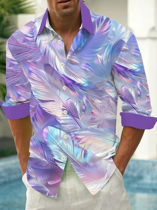 Royaura® Vintage Art Feather Gradient Print Men's Button Pocket Long Sleeve Shirt Big & Tall