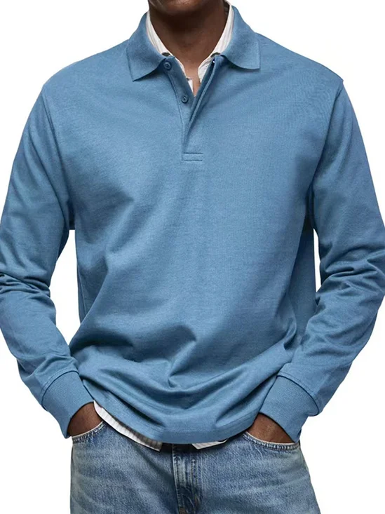 Royaura® Basic Solid Color Print Men's Button Pocket Long Sleeve Polo Shirt Big & Tall