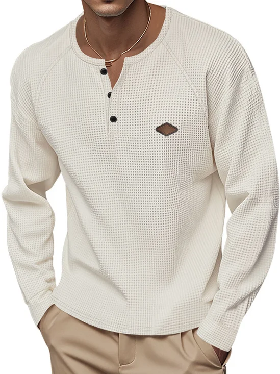 Royaura® Waffle Henry Collar Men's Sweatshirt Long Sleeve Round Neck Button Long Sleeve Top Big & Tall