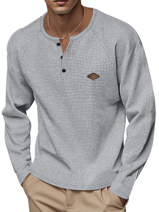 Royaura® Waffle Henry Collar Men's Sweatshirt Long Sleeve Round Neck Button Long Sleeve Top Big & Tall