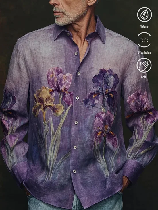 Royaura® Beach Vacation Men's Casual Stylish Hawaiian Shirt Flowers Print Pocket Long Sleeve Shirt Big Tall