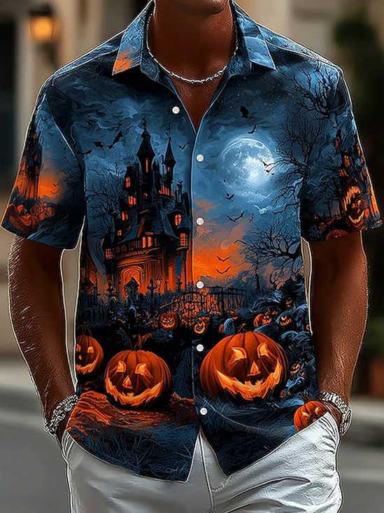 Royaura® Halloween Pumpkin Castle Print Men's Button Pocket Short Sleeve Shirt Big & Tall