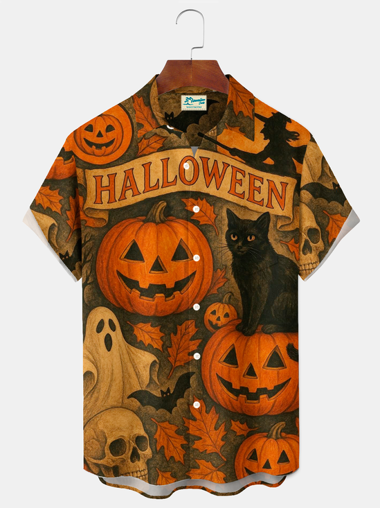 Royaura® Halloween Night Holiday Pumpkin Art Print Men's Button Pocket Short Sleeve Shirt Big & Tall