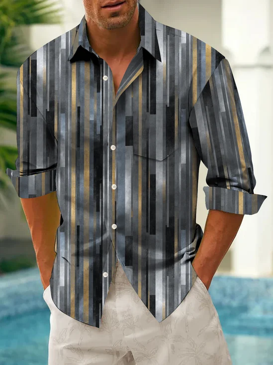 Royaura® Vintage Abstract Stripes Print Men's Casual Stylish Button Pocket Long Sleeve Shirt Big Tall
