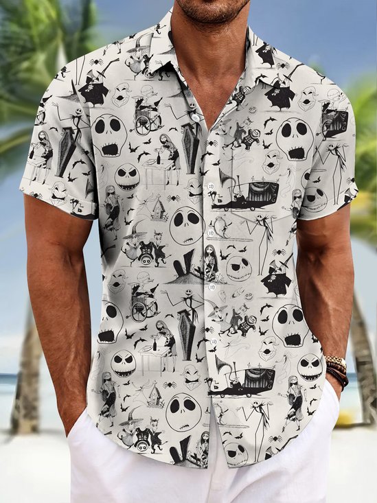 Royaura® Halloween Cartoon Print Casual Stylish Hawaiian Shirt Summer Shirts Pocket Short Sleeve Shirt Big Tall
