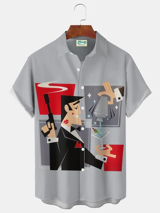 Royaura® Retro 1950s Mid-century Atomic Age Geometric Man Drinking Cocktail Graphic Print Men's Button Pocket Short Sleeve Shirt Big & Tall