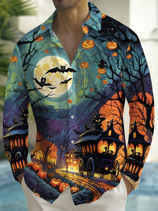 Royaura® Halloween Cartoon Print Casual Fashion Hawaiian Long Sleeve Shirt Pocket Long Sleeve Shirt Big Tall