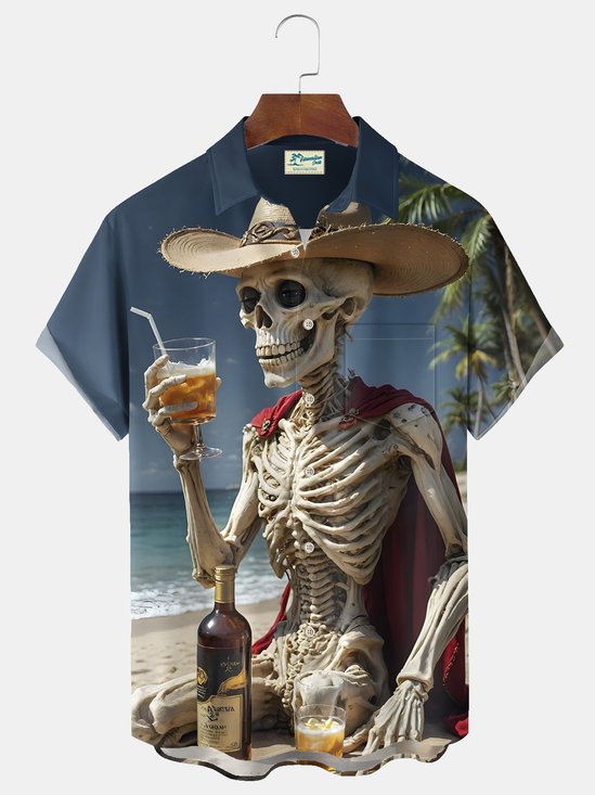 Royaura® Beach Vacation Men's Casual Stylish Hawaiian Shirt Summer Shirts Beach Skeleton Print Pocket Short Sleeve Sleeve Shirt Big Tall
