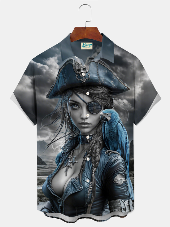 Royaura® Vintage Nautical Girl Captain Parrot Art Print Men's Button Pocket Short Sleeve Shirt Big & Tall