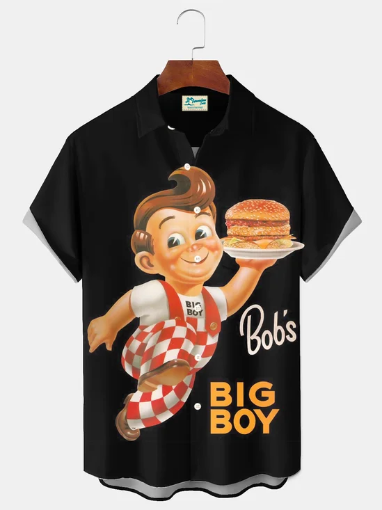 Royaura® Retro Big Boy Burger Graphic Print Men's Button Pocket Short Sleeve Shirt Big & Tall