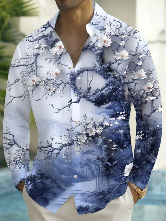 Royaura® Beach Vacation Men's Casual Stylish Flowers Print Men's Button Pocket Long Sleeve Shirt Big Tall