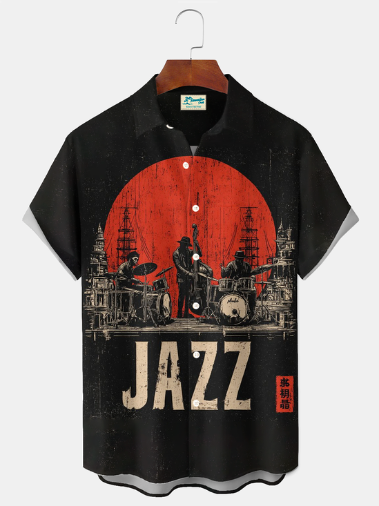 Royaura® Vintage Jazz Band Playing Art Print Men's Button Pocket Short Sleeve Shirt Big & Tall