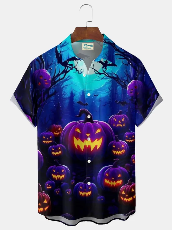 Royaura® Halloween Pumpkin Bat Print Men's Button Pocket Short Sleeve Shirt Big & Tall