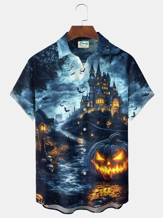 Royaura® Halloween Castle Pumpkin Print Casual Stylish Hawaiian Shirt Summer Shirts Pocket Short Sleeve Shirt Big Tall
