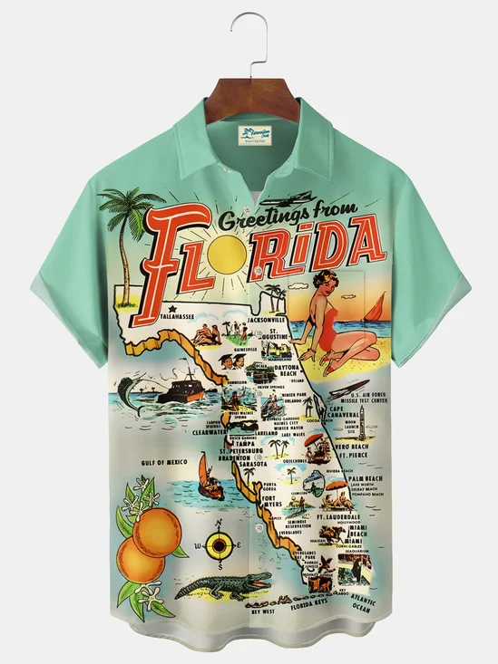 Royaura® Beach Vacation Men's Casual Stylish Hawaiian Shirt Summer Shirts Map Print Pocket Short Sleeve Sleeve Shirt Big Tall