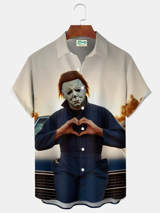 Royaura® Vintage Halloween Horror Holiday Print Men's Short Sleeve Shirt Big & Tall