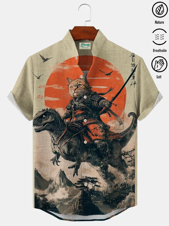 Royaura® Vintage Japanese Ukiyo-e Ocean Wave Dinosour Cat Art Print Men's Cotton Linen Button Pocket Short Sleeve Shirt Big & Tall