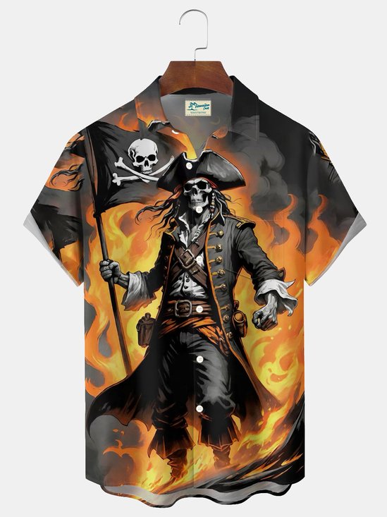 Royaura® Halloween Skull Print Men's Button Pocket Short Sleeve Shirt Big & Tall